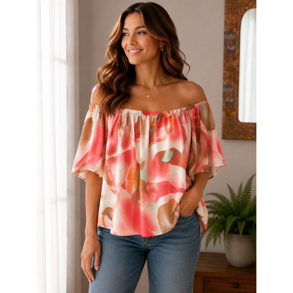 Shein Curve 2XL Pink Orange Abstract Floral Off Shoulder Puff Sleeve Blouse
